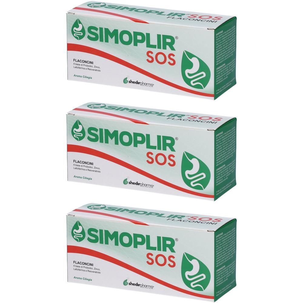 Tre scatole Simopli SOS con simbolo di stomaco. Confezione in cartone.