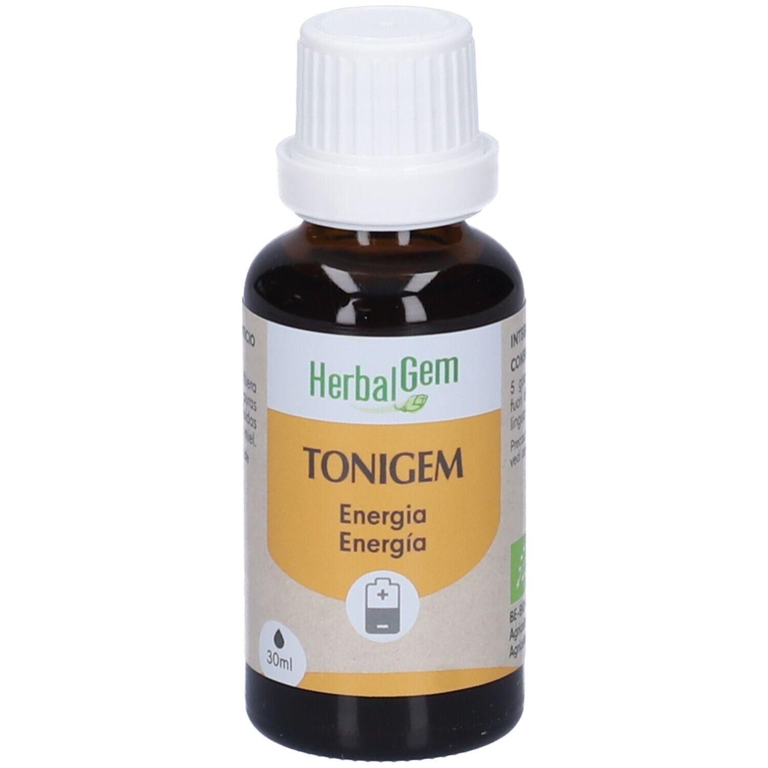 Flacone in vetro marrone con tappo a vite bianco, etichetta "HerbalGem TONIGEM" e simbolo di batteria.