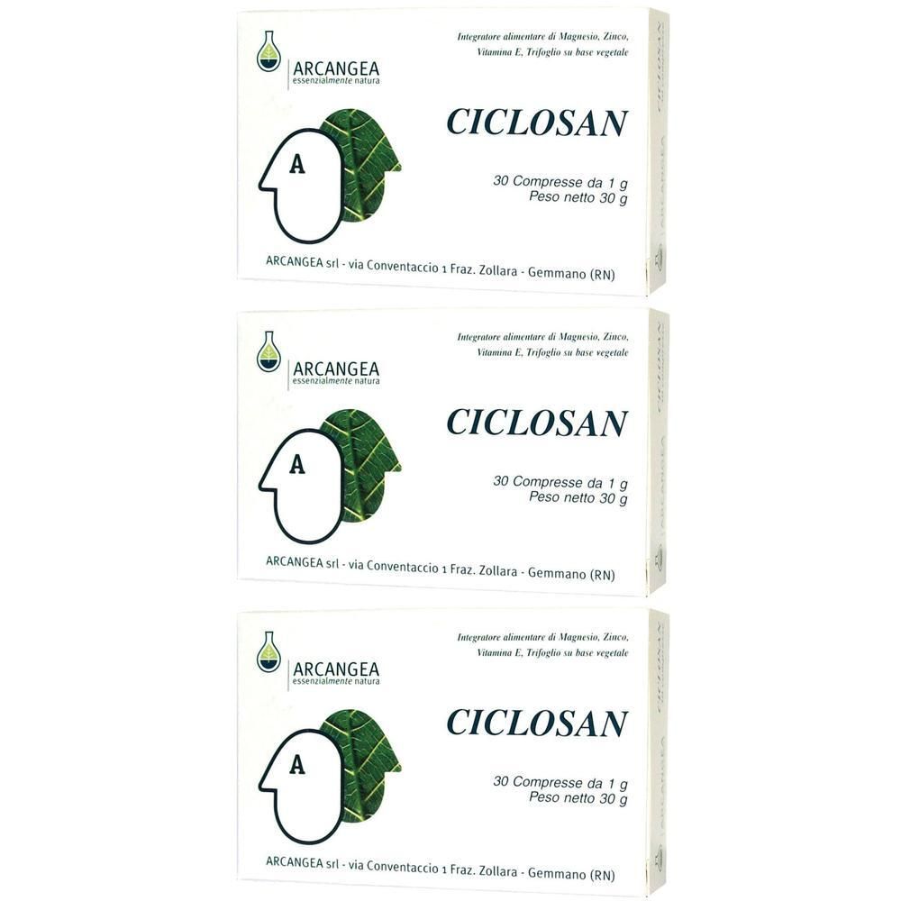 Tre confezioni di Ciclosan, ciascuna con 30 compresse da 1g.