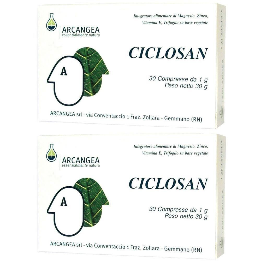 Due confezioni di Ciclosan, 30 compresse da 1g ciascuna. Contiene magnesio, zinco e vitamina E.