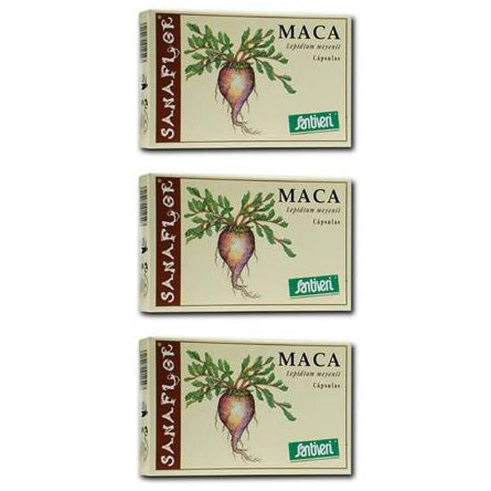 Tre confezioni di capsule di Maca con disegno della radice di Lepidium meyenii e logo Sanaflor.