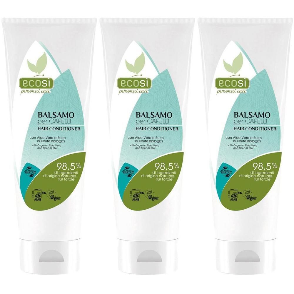 Tre tubi di balsamo per capelli con aloe vera e burro di karité. 98,5% ingredienti naturali.