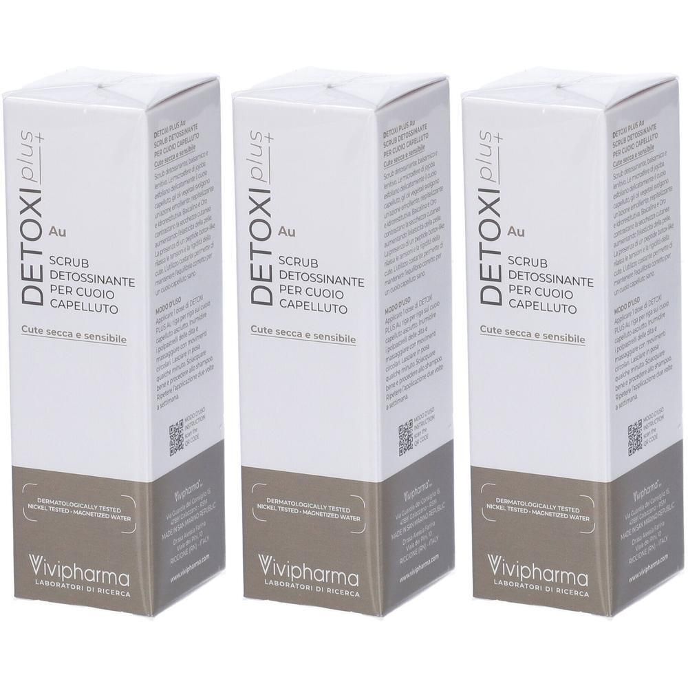 Tre scatole di Detoxi+ Au Scrub Detossinante Per Cuoio Capelluto. Bianco con base grigia.
