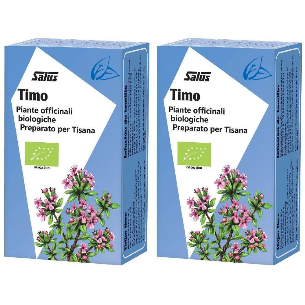 Due confezioni di tisana Salus al Timo. Scatola blu con illustrazione di pianta e sigillo biologico.