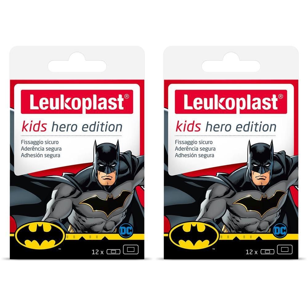 Due confezioni di cerotti Leukoplast Kids Hero Edition con stampa Batman. Ogni confezione contiene 12 cerotti.