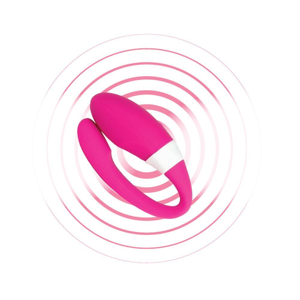 Un vibratore per coppie rosa con anelli bianchi, circondato da cerchi concentrici di vibrazione.