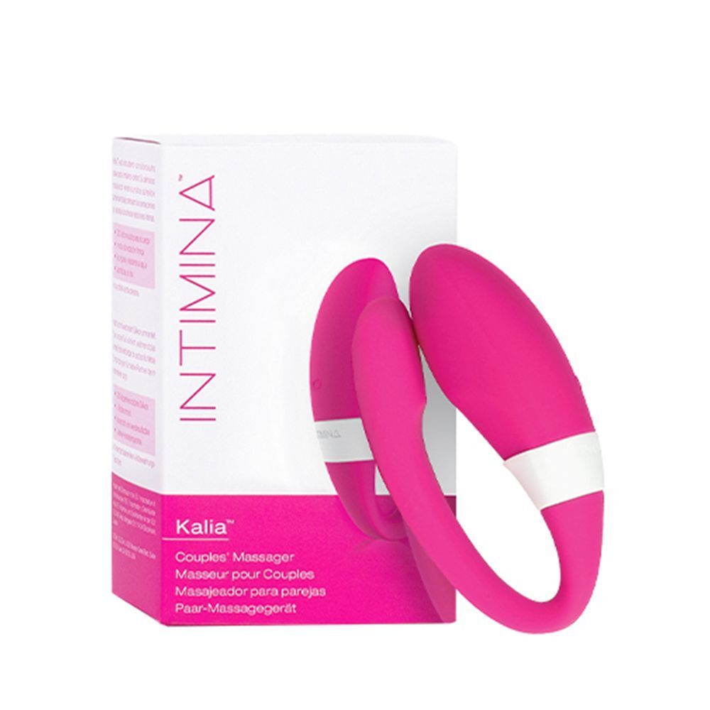 Massaggiatore rosa accanto alla confezione con scritta 'INTIMINA Kalia'.