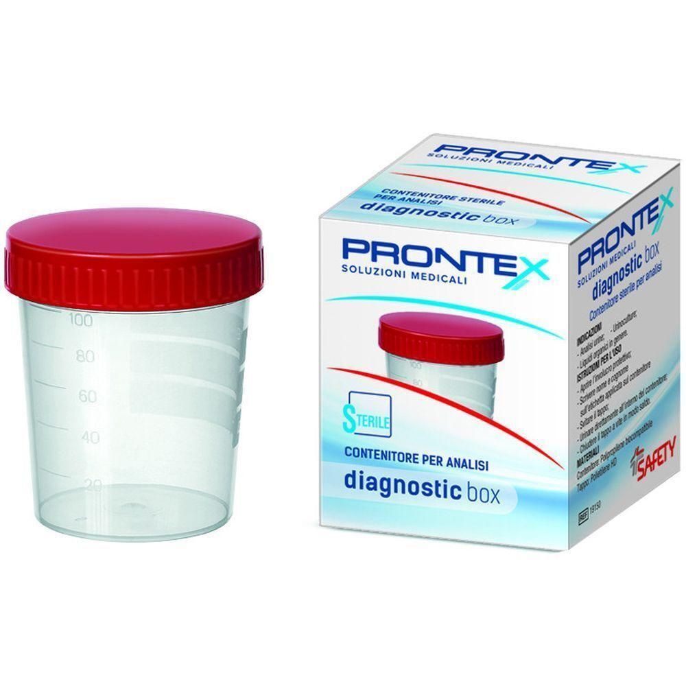 Contenitore sterile per campioni con coperchio rosso.