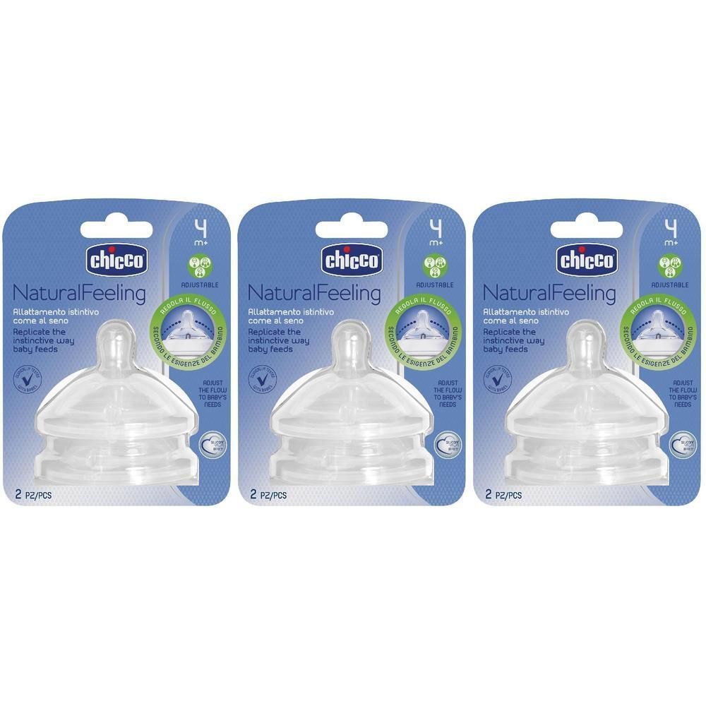 Tre confezioni di tettarelle Chicco NaturalFeeling, 4 mesi+, flusso regolabile.