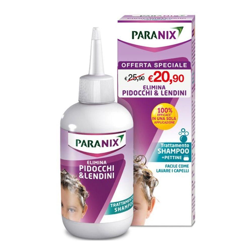 Flacone e scatola di shampoo Paranix per il trattamento dei pidocchi. Include un flacone con applicatore e una scatola con informazioni sul prodotto.