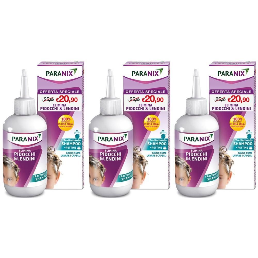 Tre flaconi di shampoo Paranix per il trattamento dei pidocchi con applicatore.