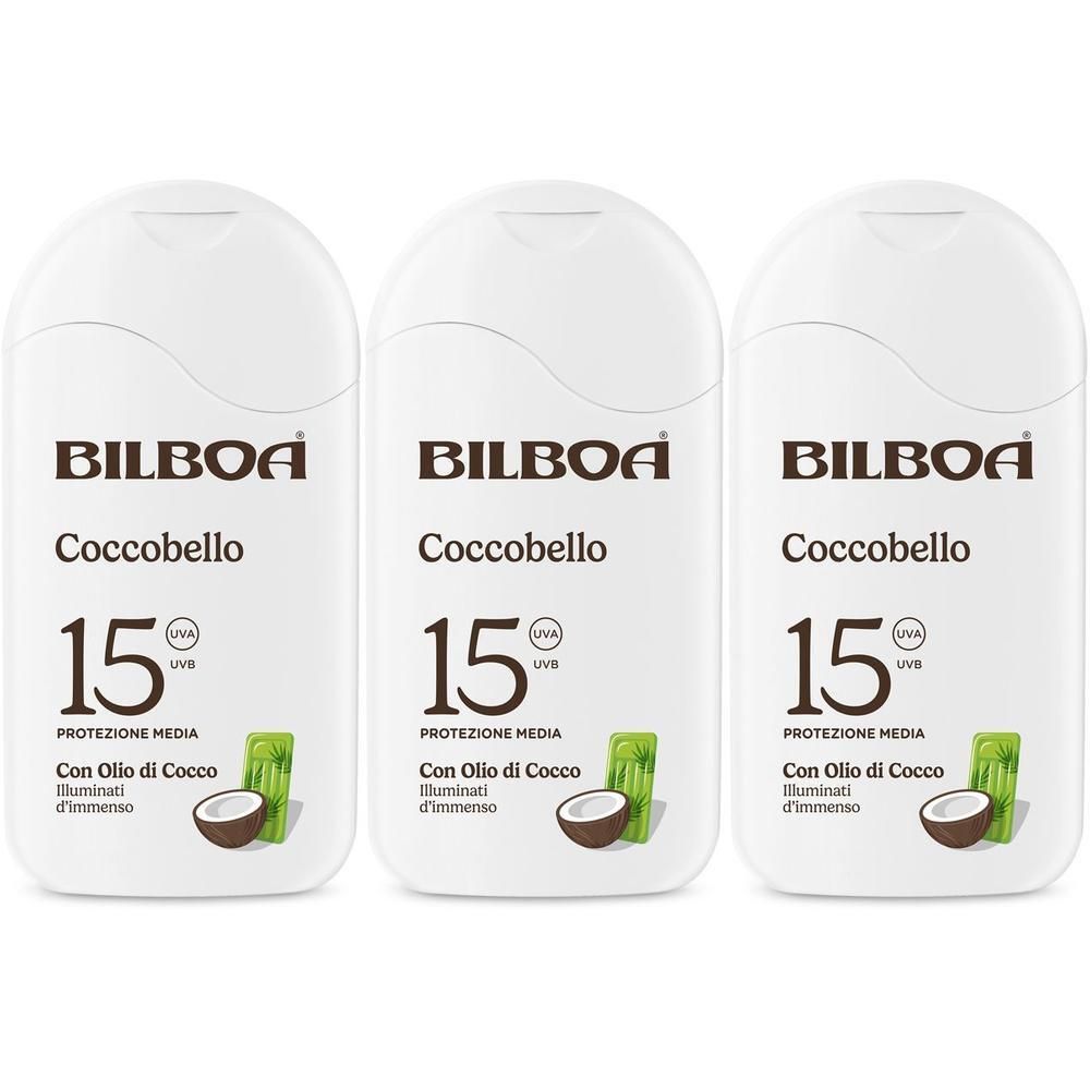 Tre flaconi bianchi di crema solare Bilboa Coccobello SPF 15 con simbolo olio di cocco.