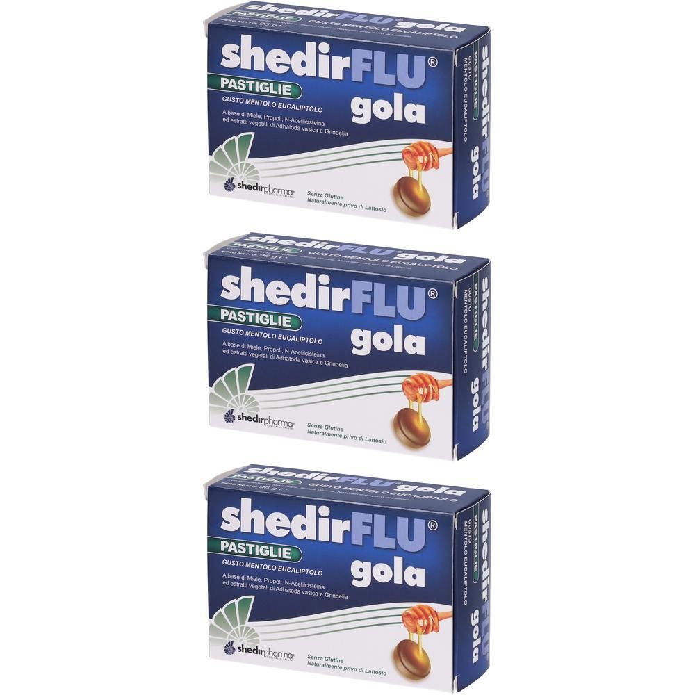 Tre scatole di pastiglie Shedirflu Gola gusto mentolo-eucalipto, con illustrazione del miele.