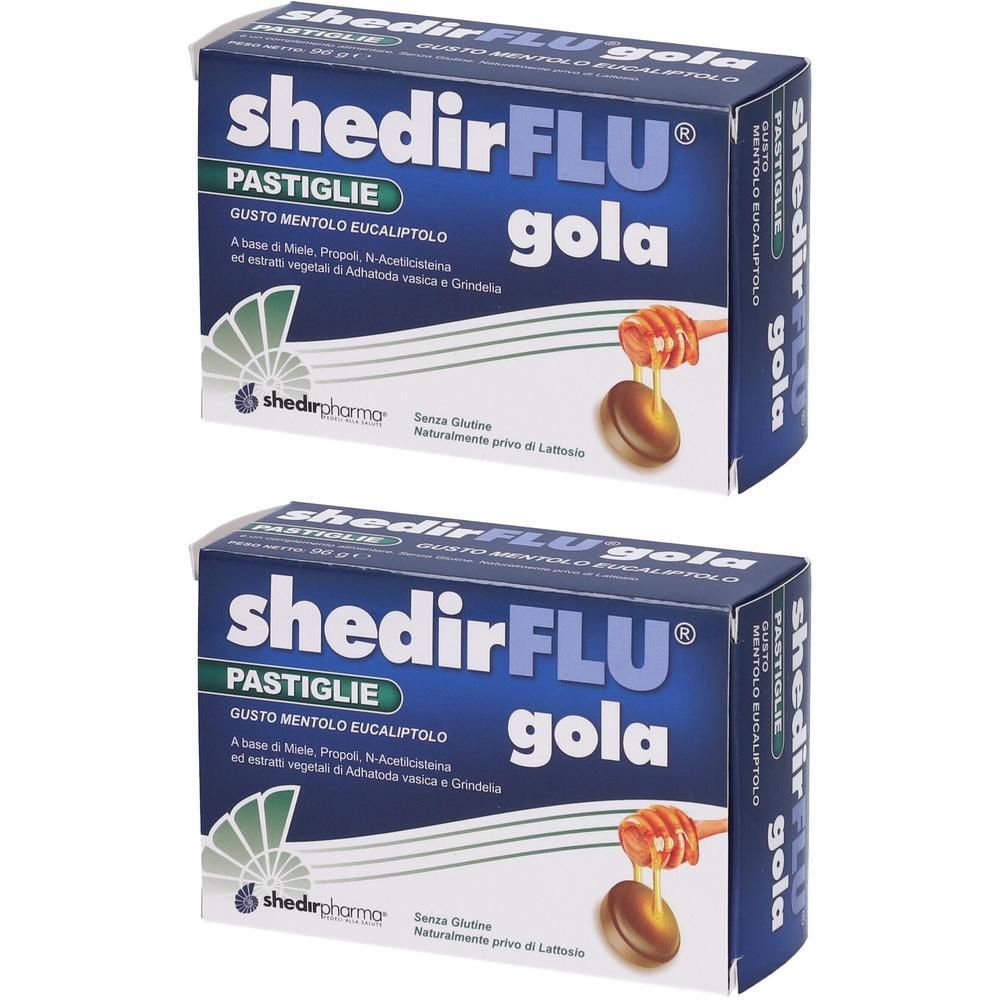 Due scatole di pastiglie Shedirflu Gola gusto mentolo-eucalipto. Sono raffigurati miele e caramelle.