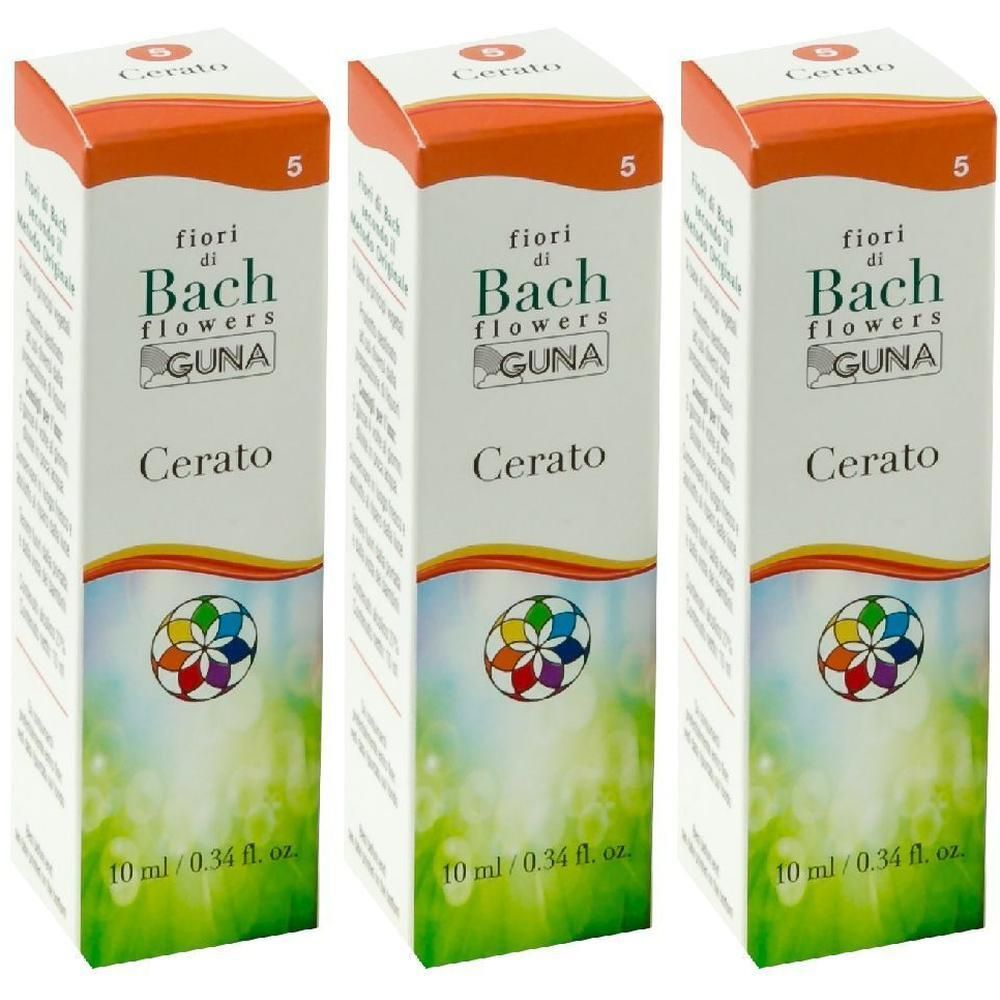 Tre confezioni di Cerato Fiori di Bach GUNA. Scatole bianche con scritte arancioni e bianche.