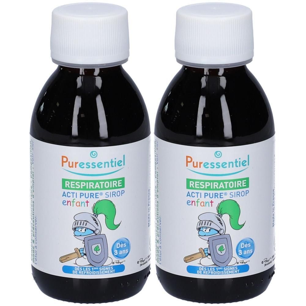 Due flaconi di Puressentiel Sciroppo Respiratorio Acti Pure per bambini. Liquido scuro visibile.