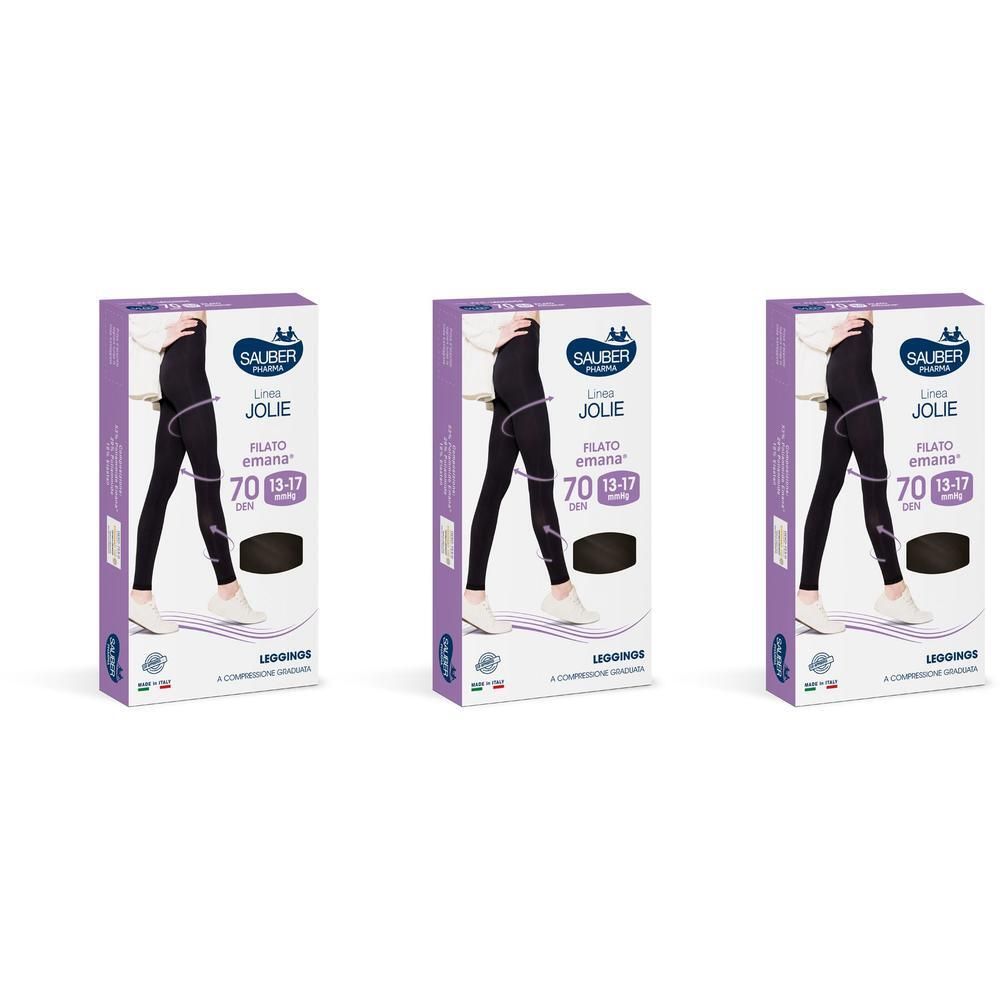 Tre scatole di leggings a compressione neri. Ogni scatola mostra una donna con leggings e informazioni sul prodotto.
