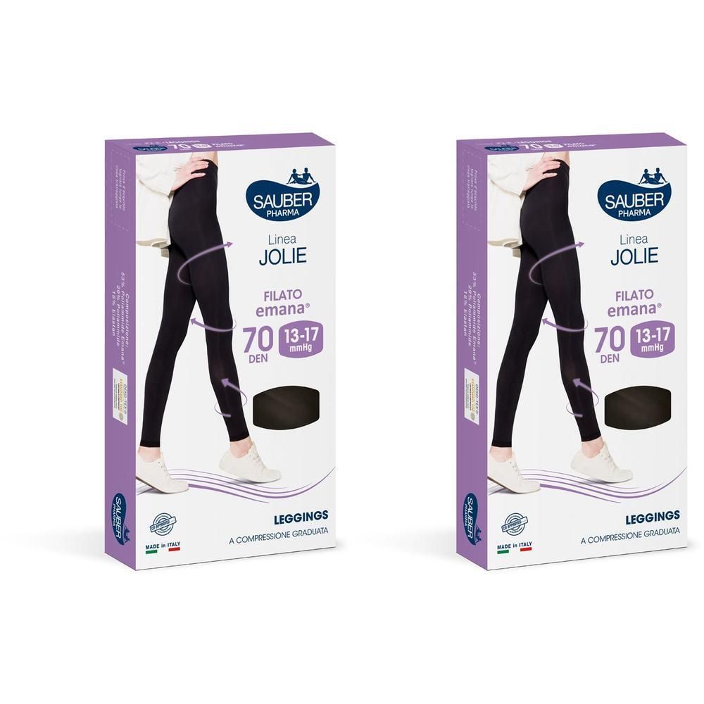 Due confezioni di leggings neri da donna, 70 DEN, a compressione graduata.