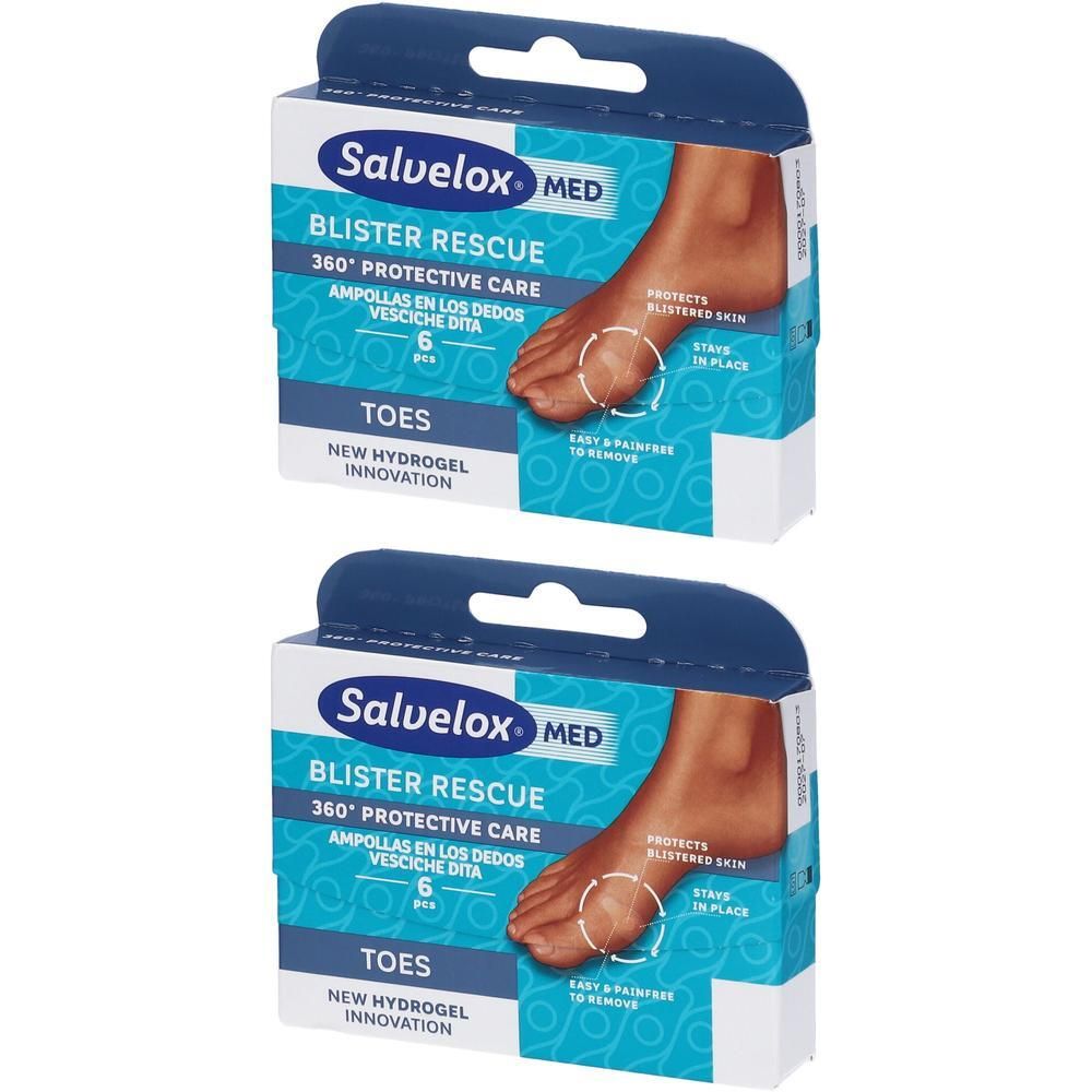 Due confezioni di cerotti Salvelox Blister Rescue per dita con innovazione idrogel.