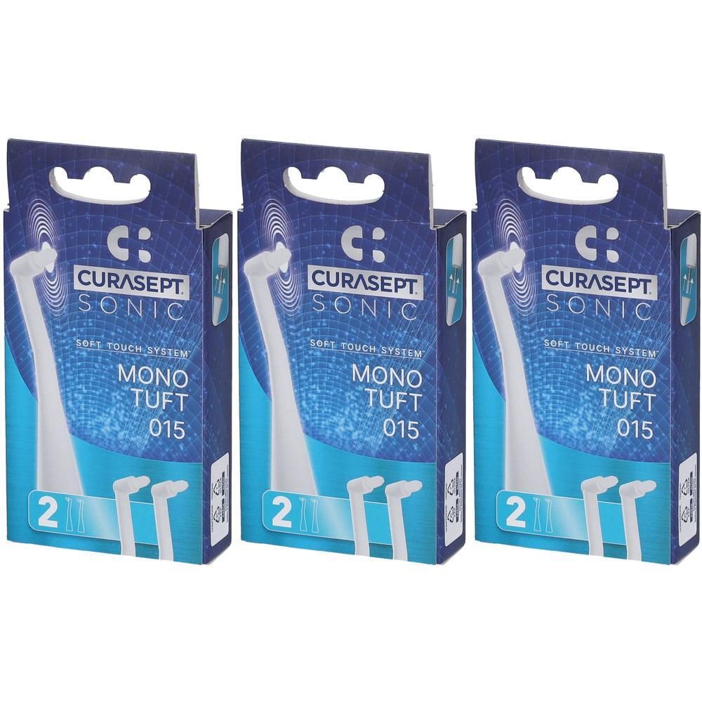 Tre confezioni di testine per spazzolino CURASEPT SONIC Mono Tuft 015. Ogni confezione contiene 2 testine.