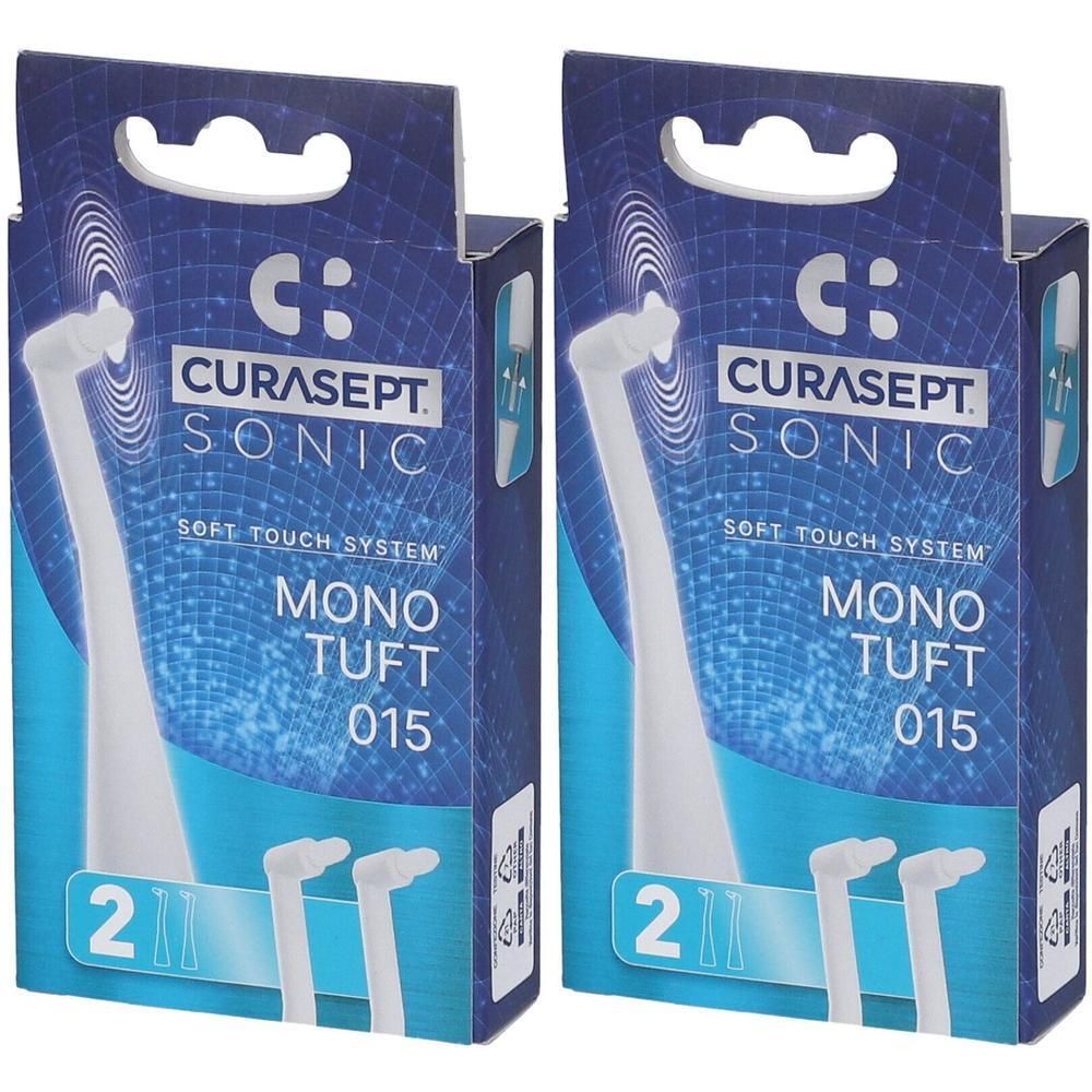 Due confezioni di testine per spazzolino Curasept Sonic Mono Tuft 015 con sistema Soft Touch.