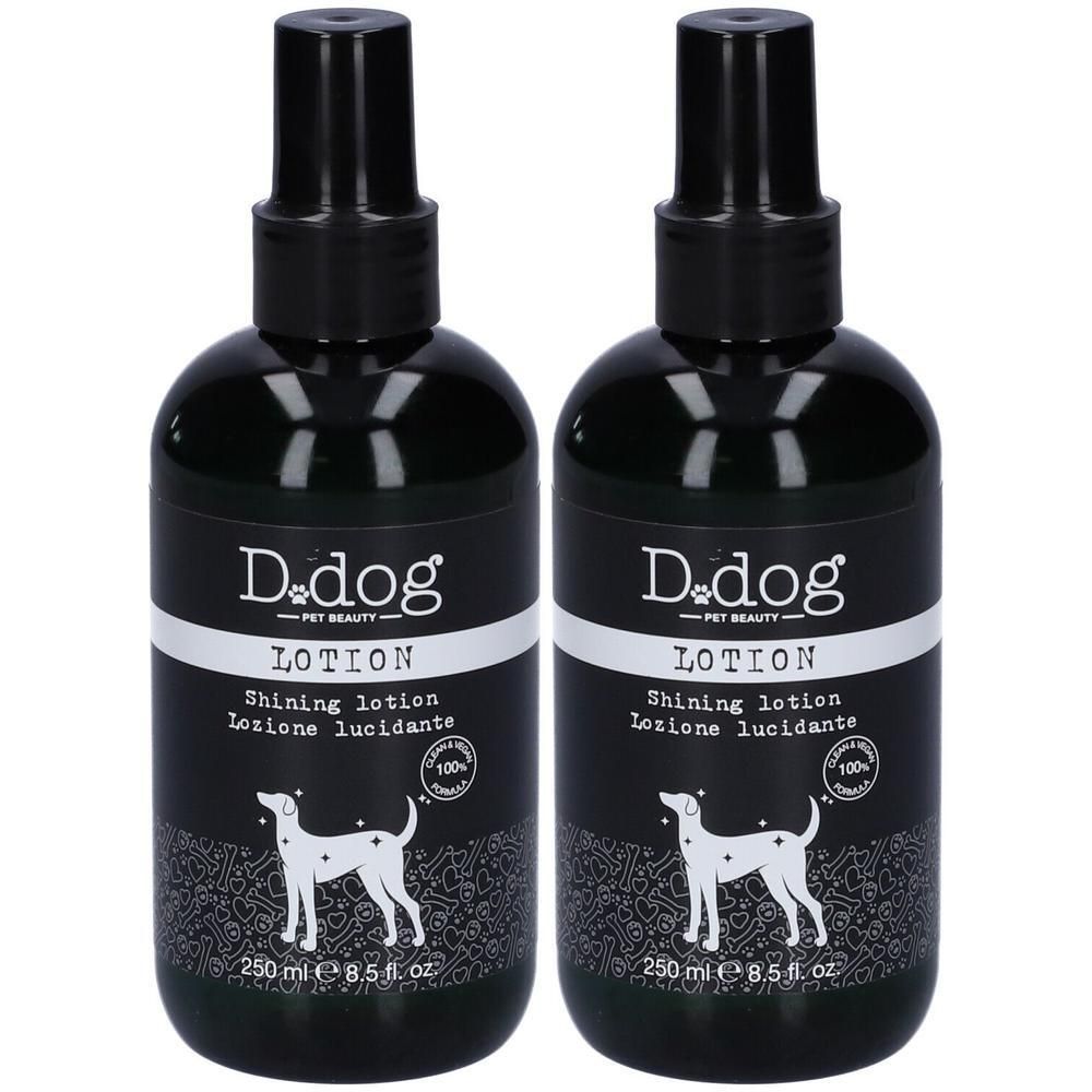 Due flaconi di lozione D.dog per pelo lucido, 250 ml ciascuno.