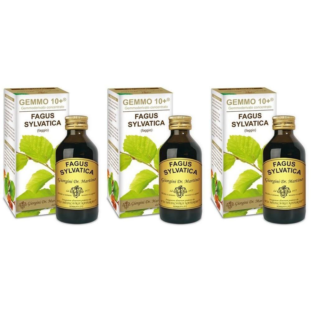 Tre flaconi di Gemmo 10+ Fagus Sylvatica con scatole. Liquido scuro in bottiglie di vetro con tappi dorati.