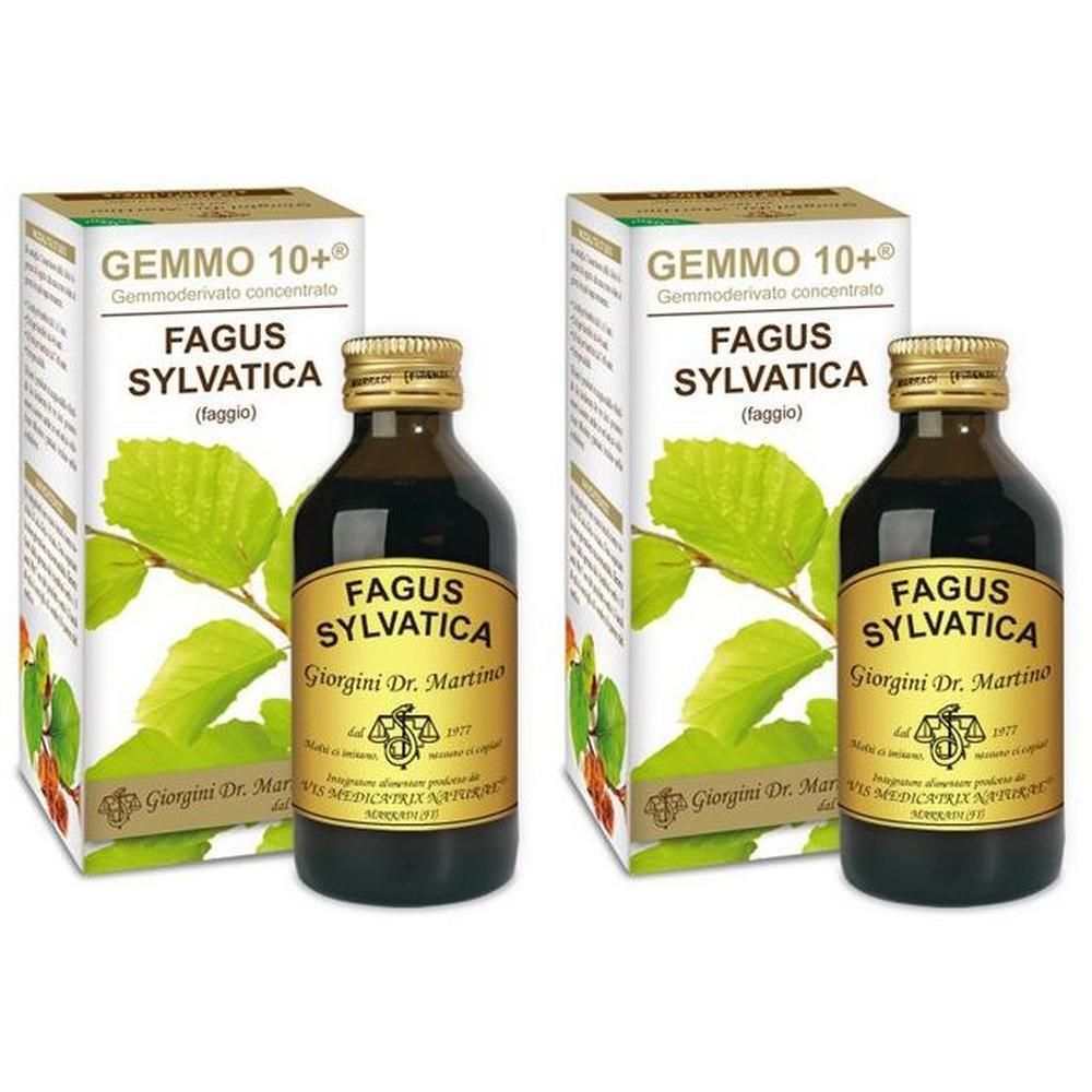 Due flaconi di Fagus Sylvatica Gemmo 10+ con scatole, raffiguranti foglie di faggio.