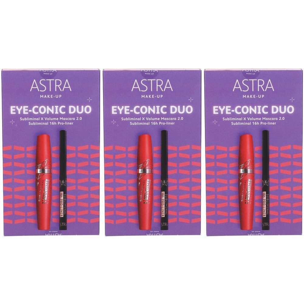 Tre set Astra Make-Up Eye-Conic Duo con mascara rosso e eyeliner nero.