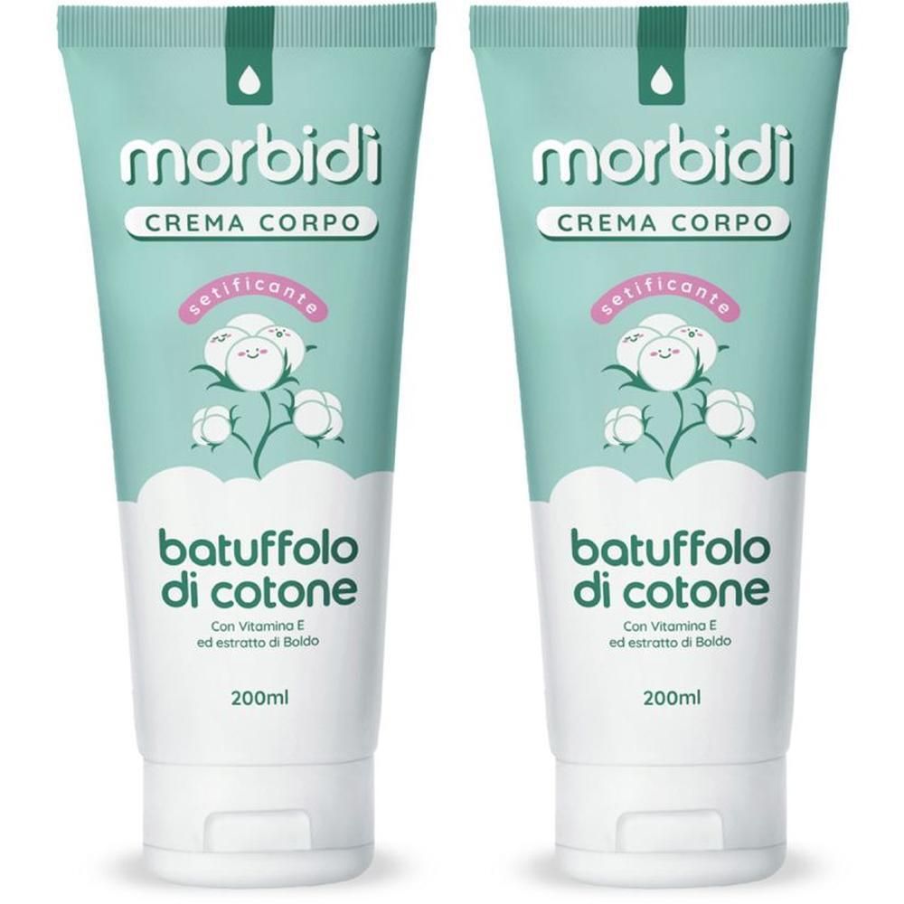 Due tubi di Morbidi Crema Corpo "Batuffolo di Cotone" con motivo a cotone.