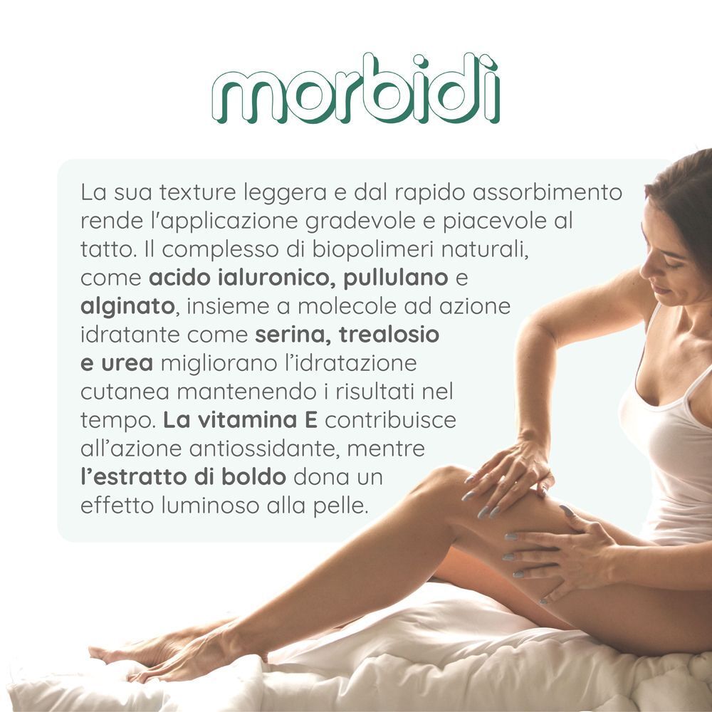 Donna applica Morbidi Crema Corpo. Testo su ingredienti ed effetti.