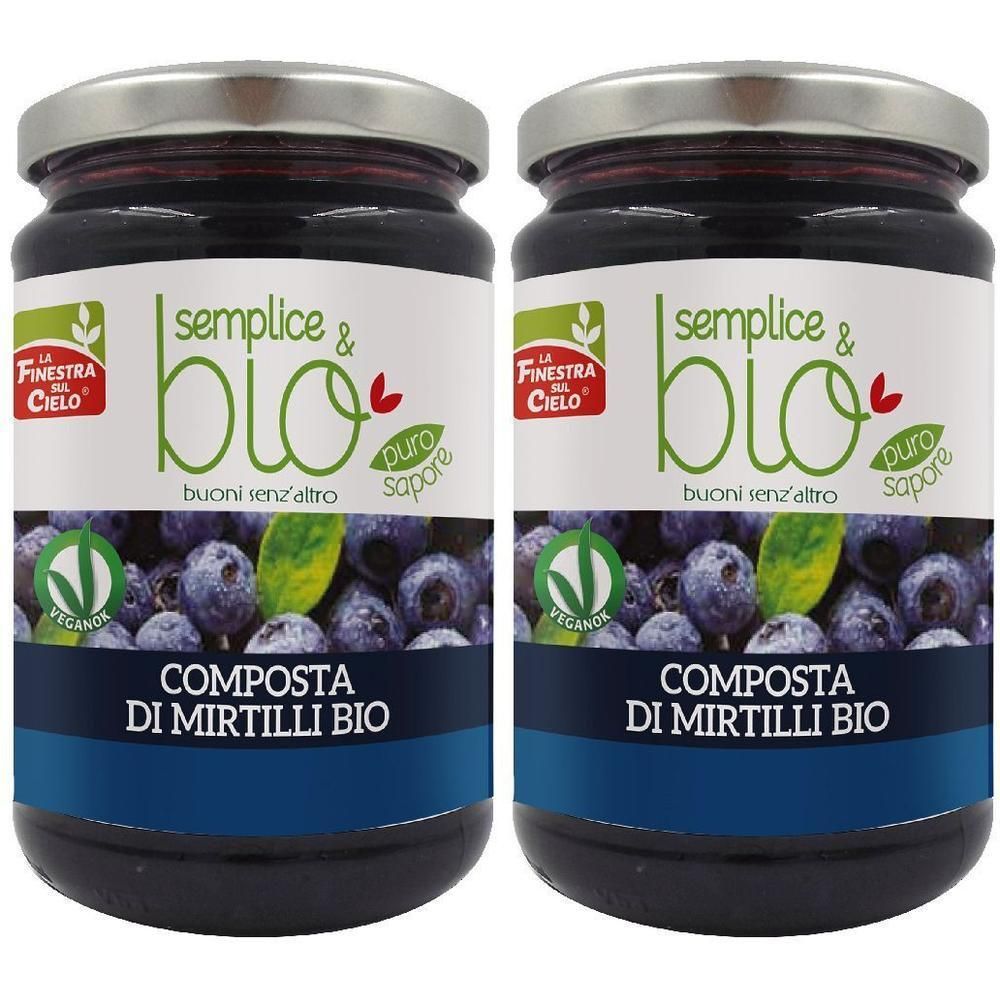 Due vasetti di composta di mirtilli bio con polpa di mela. Logo "La Finestra sul Cielo" e "Semplice & Bio".