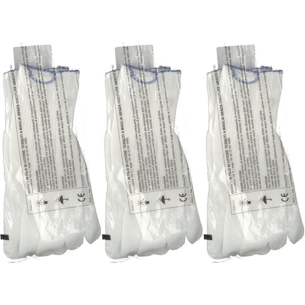 Tre paia di guanti monouso in tessuto bianco con polsini blu, marchio CE.