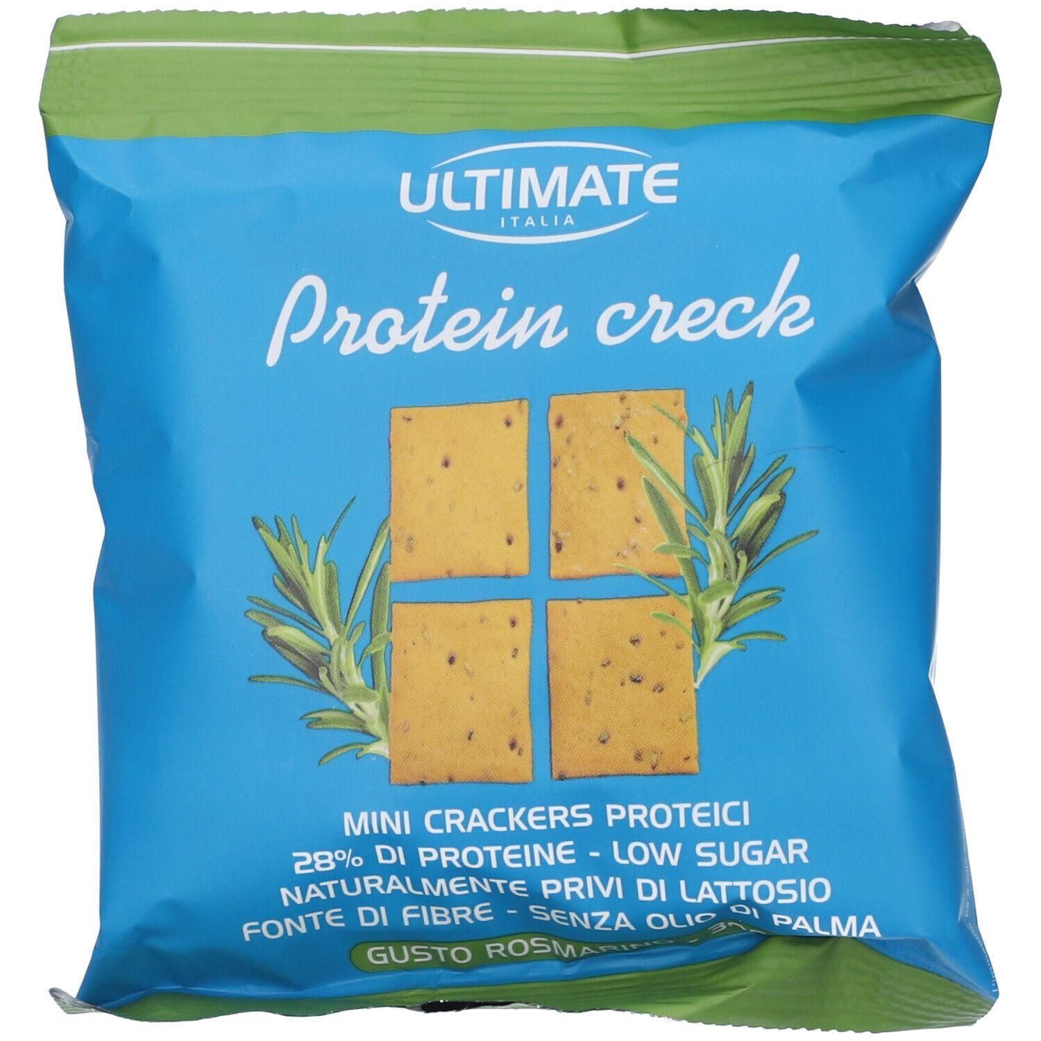 Confezione per Mini Crackers Protein Creck Rosmarino con decoro di rosmarino.
