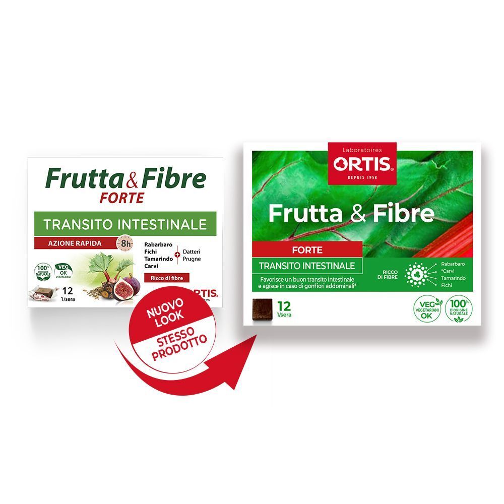 Due confezioni Ortis Frutta & Fibre Forte, una con nuovo look.