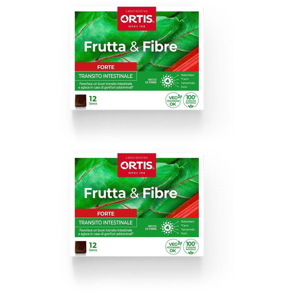 Due confezioni Ortis Frutta & Fibre Forte da 12 pezzi. Foglie verdi e coste di rabarbaro rosse sulla scatola.