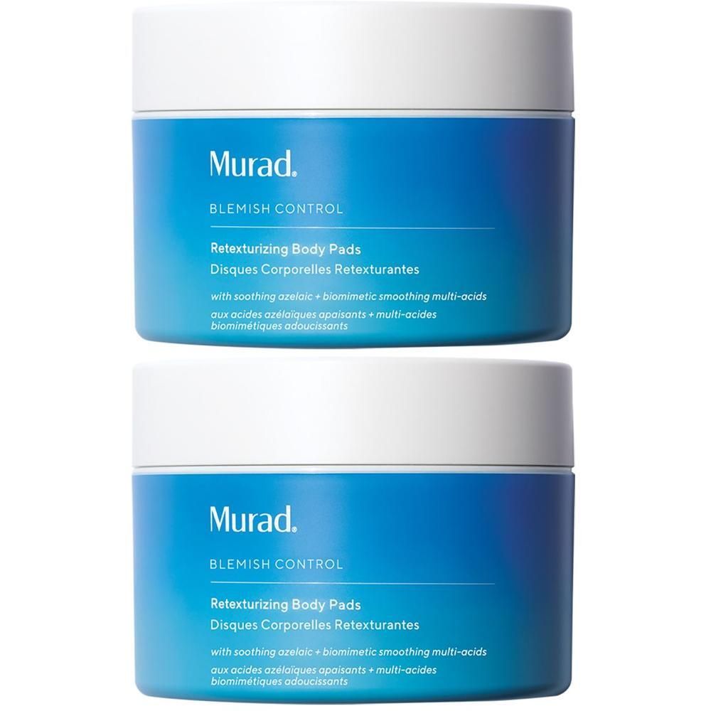 Due contenitori Murad Retexturizing Body Pads con etichette blu e coperchi bianchi.