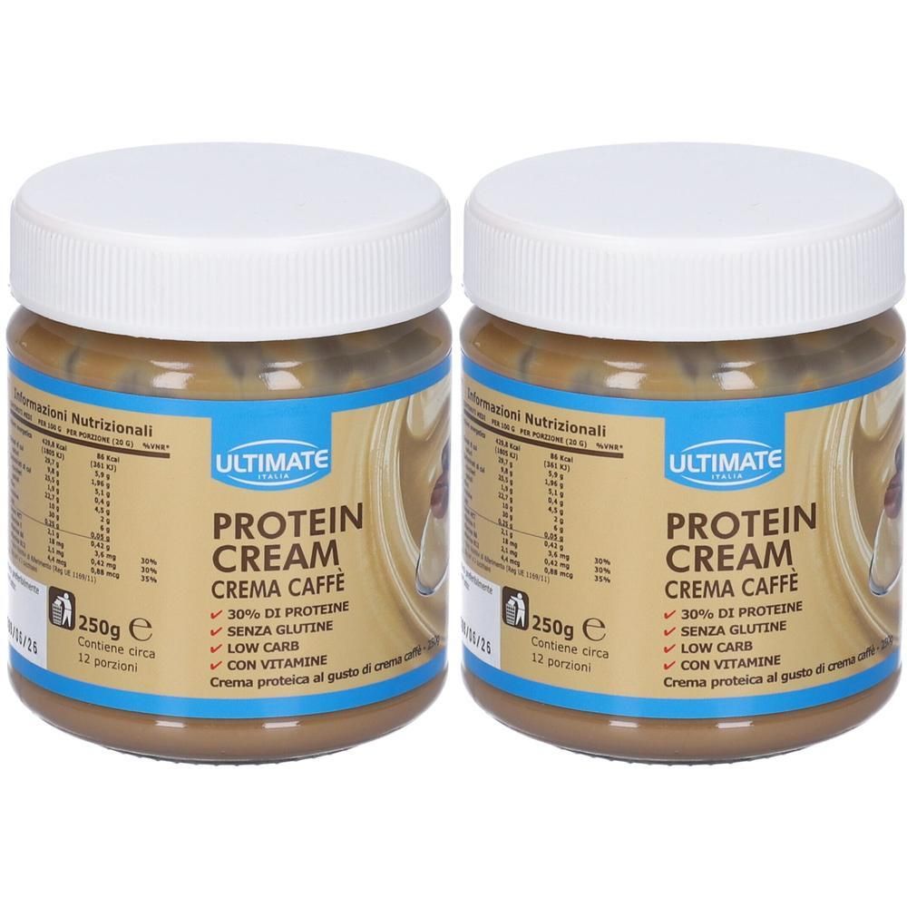 Due barattoli di Ultimate Protein Cream Crema Caffè, 250g ciascuno. Contiene 30% di proteine, senza glutine, low carb e con vitamine.