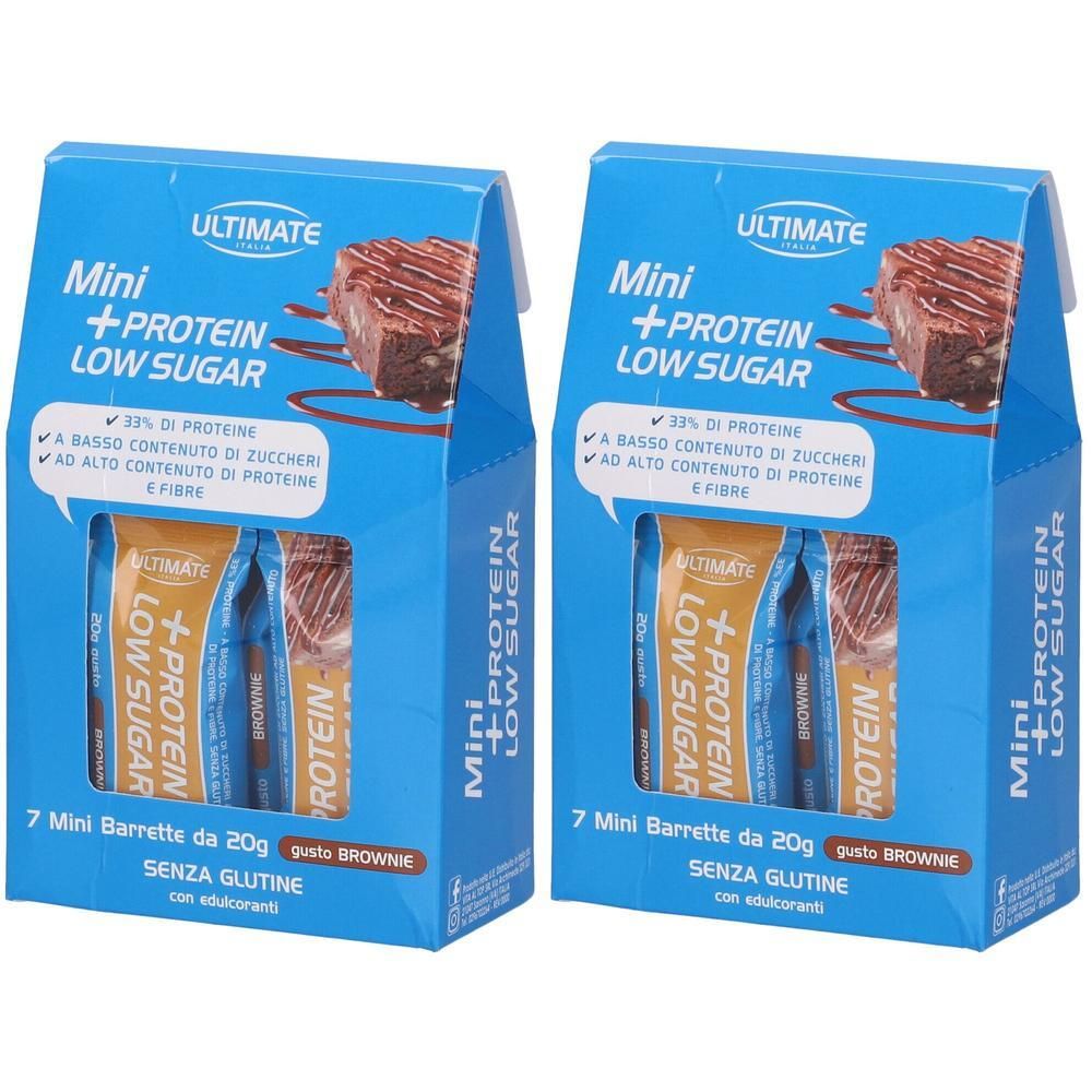 Due confezioni di barrette Ultimate Mini +Protein Low Sugar Brownie. Ogni confezione contiene 7 barrette.