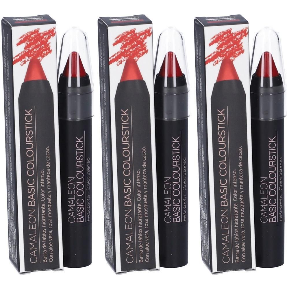 Tre rossetti a stick rossi con corpo nero e cappuccio trasparente. Confezione con motivo a colori rossi.