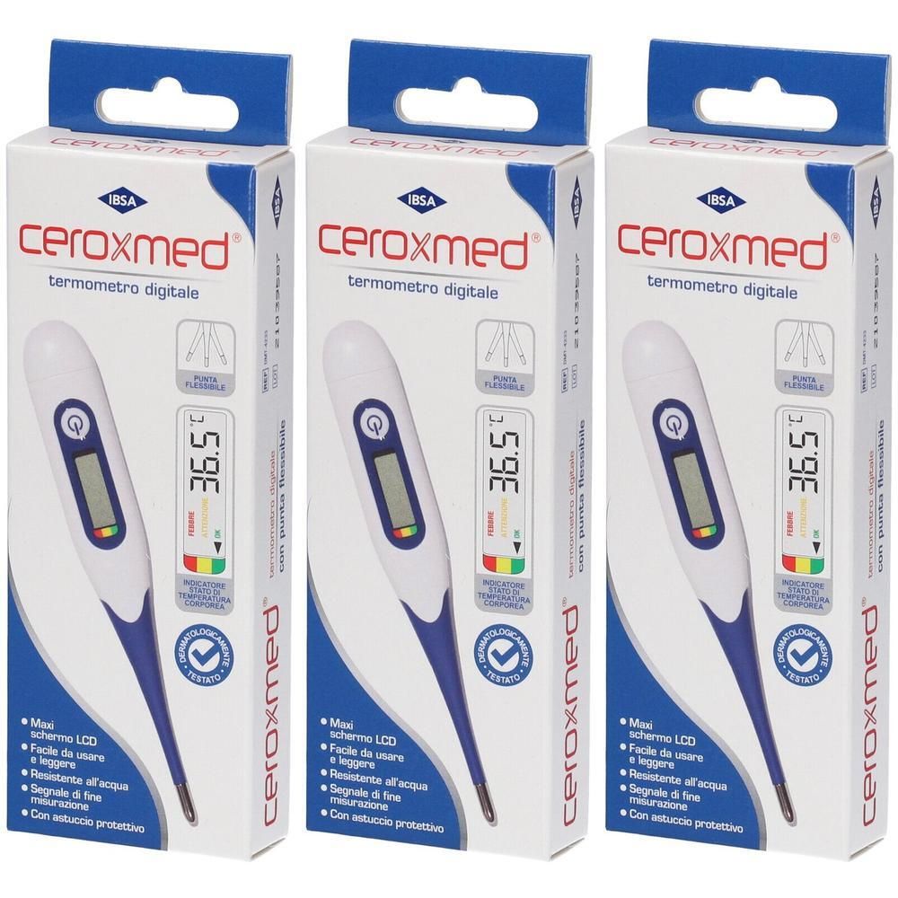 Tre confezioni di termometro digitale Ceroxmed con punta flessibile. Bianco e blu, con display LCD.