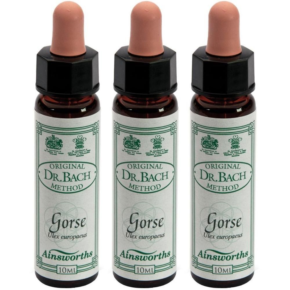 Tre flaconi di gocce Dr. Bach Gorse di Ainsworths, 10ml ciascuno.