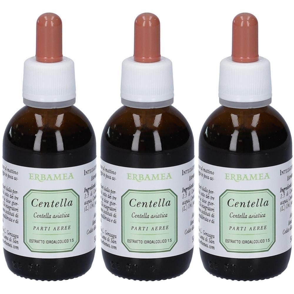 Tre flaconi in vetro marrone con contagocce, contenenti estratto liquido. Etichette indicano "Erbamea Centella".