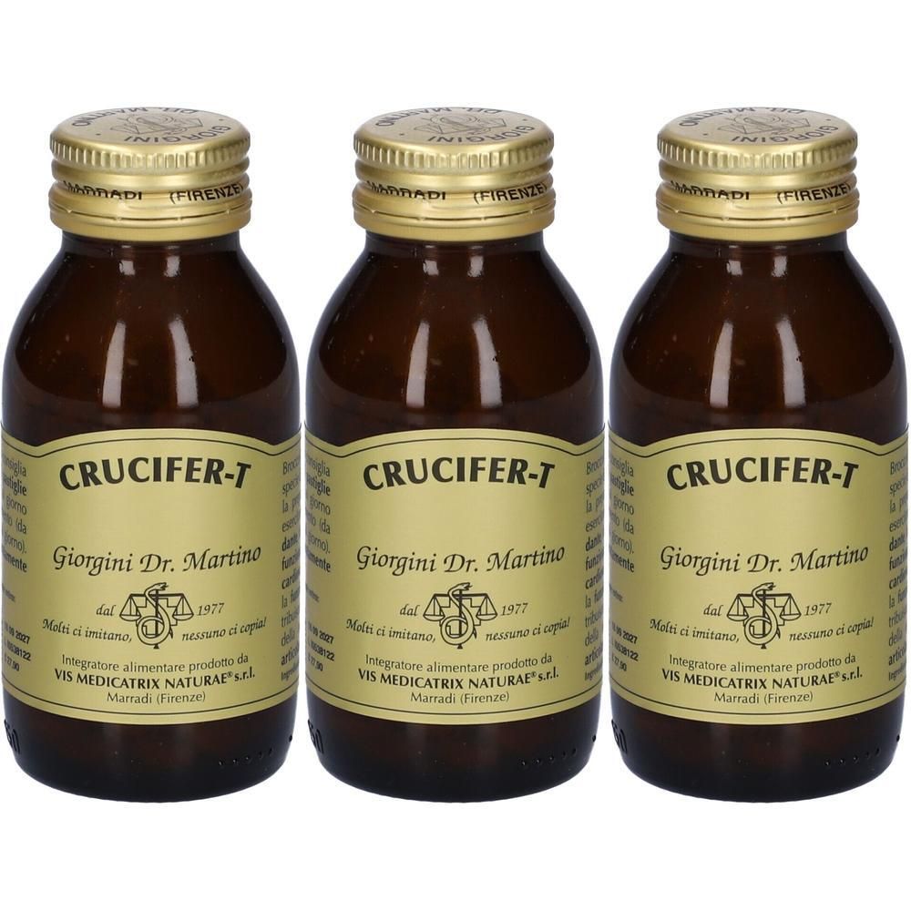 Tre flaconi in vetro ambrato con tappi a vite dorati, etichette con 'CRUCIFER-T' e dettagli del produttore.