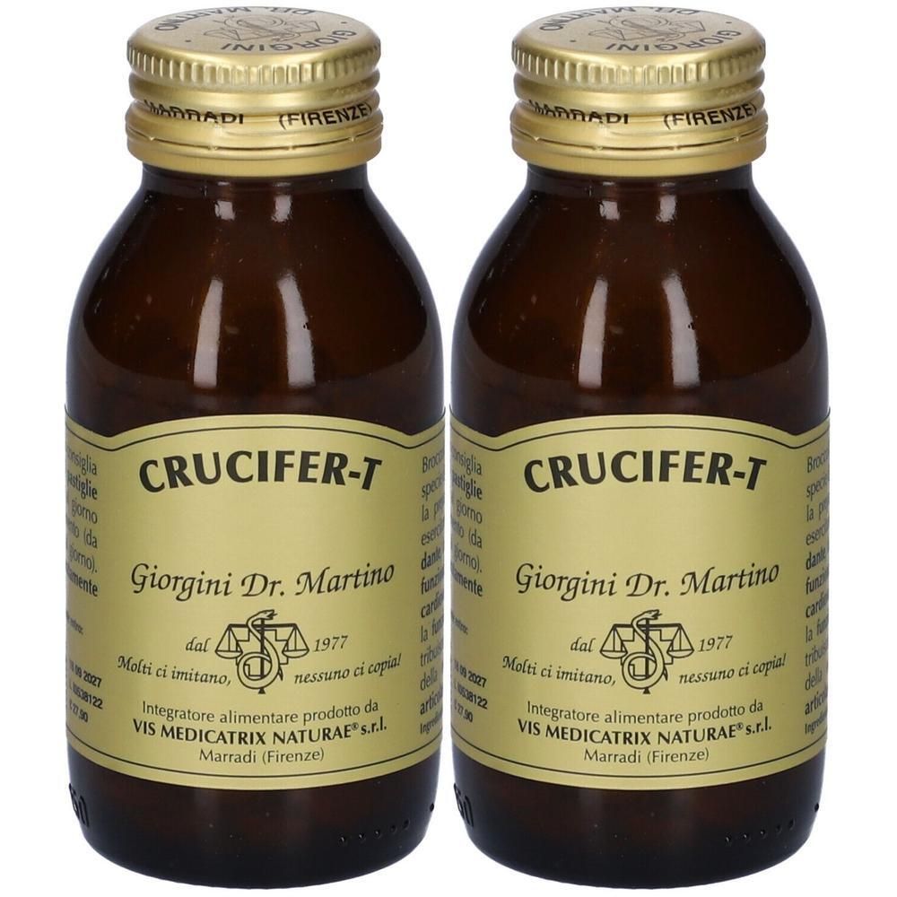 Due flaconi in vetro marrone con tappi dorati, etichette con "CRUCIFER-T" e indicazioni del produttore.