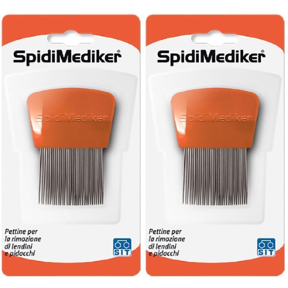 Due pettini anti-pidocchi arancioni con denti in metallo, in confezione. Marca SpidiMediker.