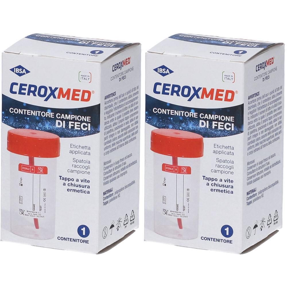 Due contenitori Ceroxmed per campioni di feci con tappo a vite rosso e spatola integrata.