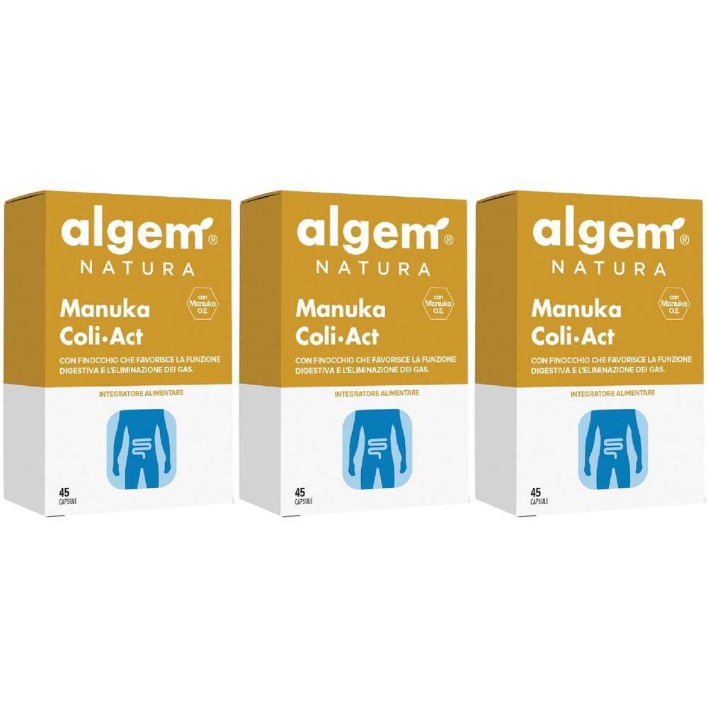 Tre confezioni di capsule Algem Natura Manuka Coli-Act con simbolo digestivo.