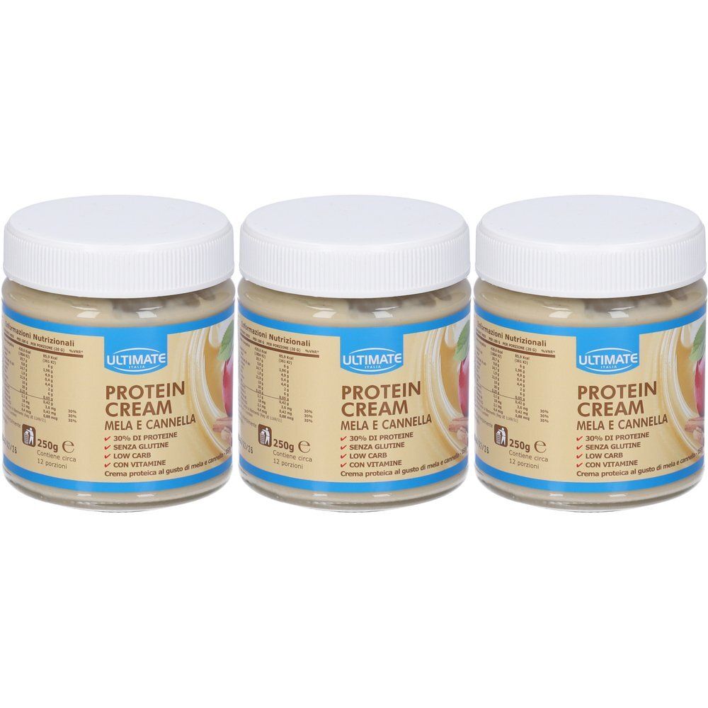 Tre barattoli di Ultimate Protein Cream Mela e Cannella, 250g ciascuno.