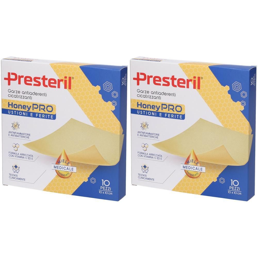 Due confezioni di garze Presteril HoneyPRO, 10 pezzi per confezione. Per ustioni e ferite.